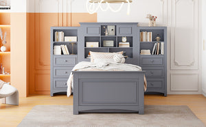 English Elm Twin Pine Wood Platform Bed with Integrated Cabinet and Spacious Drawer Storage System Gray LP000761AAE-1