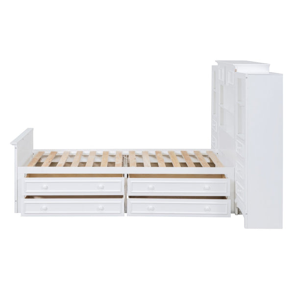 English Elm Twin Platform Bed with Vertical Storage Cabinet and 8 Under Drawer White Wood Frame LP000761AAK-2