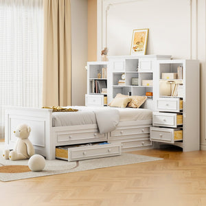 English Elm Twin Platform Bed with Vertical Storage Cabinet and 8 Under Drawer White Wood Frame LP000761AAK-2
