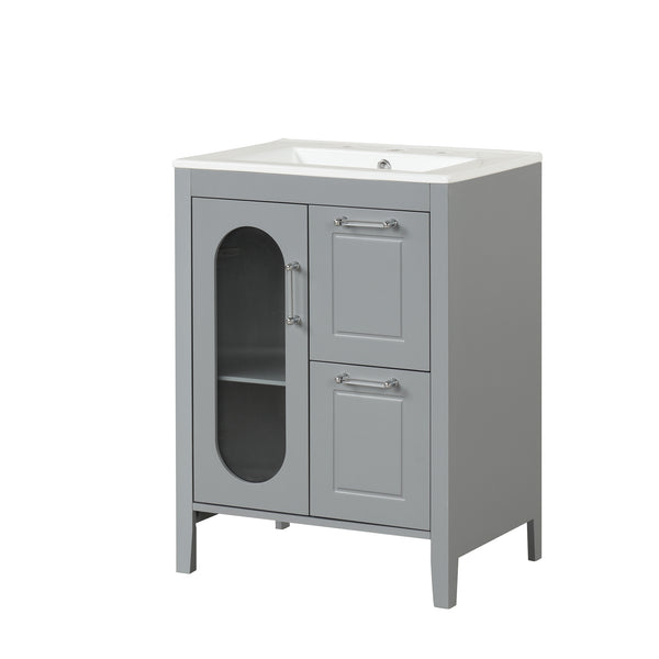English Elm 24" Modern Bathroom Vanity with Ceramic Sink, Solid Wood & MDF Cabinet, Two Drawers, Shelf Grey N725P245273E