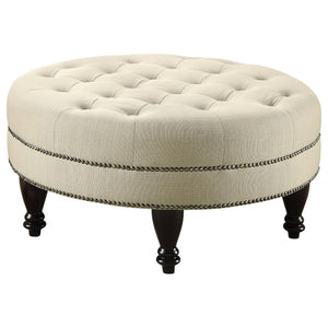 English Elm Oatmeal Round Tufted Cocktail Ottoman with Nailhead Trim and Turned Dark Wood Legs for Luxury Seating B062P153810