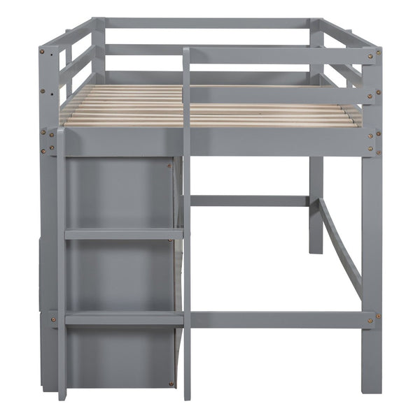 English Elm Twin Loft Bed with 4 Drawers Open Shelving and Cabinet for Kids Bedroom Storage Gray LT000762AAE