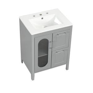 English Elm 24" Modern Bathroom Vanity with Ceramic Sink, Solid Wood & MDF Cabinet, Two Drawers, Shelf Grey N725P245273E