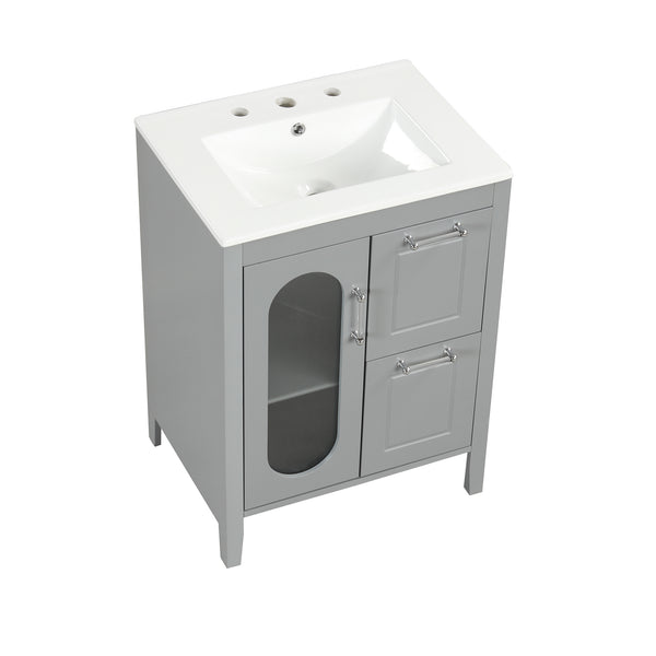 English Elm 24" Modern Bathroom Vanity with Ceramic Sink, Solid Wood & MDF Cabinet, Two Drawers, Shelf Grey N725P245273E