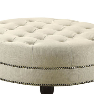 English Elm Oatmeal Round Tufted Cocktail Ottoman with Nailhead Trim and Turned Dark Wood Legs for Luxury Seating B062P153810