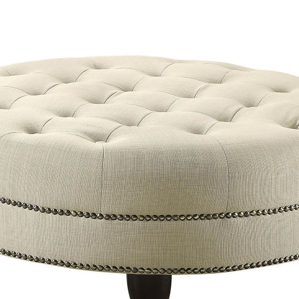 English Elm Oatmeal Round Tufted Cocktail Ottoman with Nailhead Trim and Turned Dark Wood Legs for Luxury Seating B062P153810