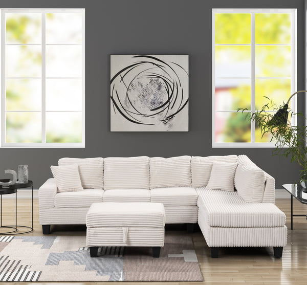 English Elm Modern Corduroy Sectional Sofa with Storage Ottoman, Drop-Down Tray, Plush Pillows, Wood Frame Elegance Cream B009S01291