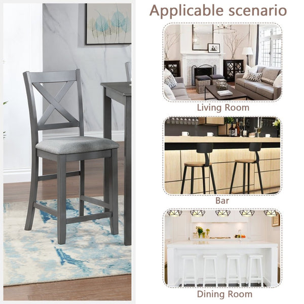 English Elm Dining Counter Height Chair Set of 4 Solid Wood Linen Seat Mid-century Kitchen W1998126382