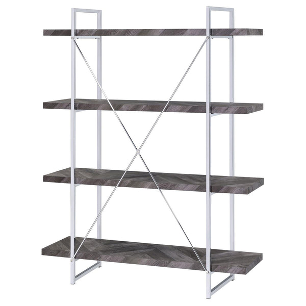 English Elm Rustic Grey Herringbone Bookcase with Industrial Metal Frame, 4 Full-Length Shelves, Stylish Storage B062P153825