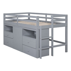 English Elm Twin Loft Bed with 4 Drawers Open Shelving and Cabinet for Kids Bedroom Storage Gray LT000762AAE