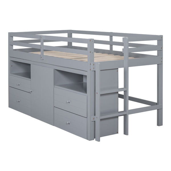 English Elm Twin Loft Bed with 4 Drawers Open Shelving and Cabinet for Kids Bedroom Storage Gray LT000762AAE