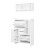 English Elm Multi-Functional Tipping Bucket Shoe Cabinet With Wall Cabinet, Space-Saving Design Foyer Cabinet With 2 Flip Drawers, Versatile Side Cabinet For Hallway, White