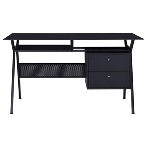 English Elm Black Modern 2-Drawer Computer Desk with Keyboard Tray, Glass Accent, Metal Frame, Spacious 55" Worksurface B062P153857