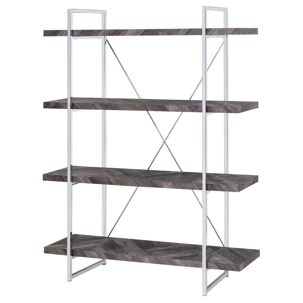 English Elm Rustic Grey Herringbone Bookcase with Industrial Metal Frame, 4 Full-Length Shelves, Stylish Storage B062P153825