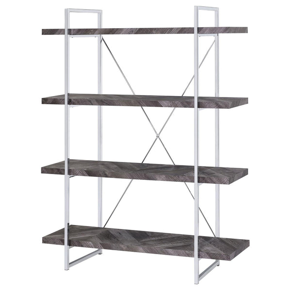 English Elm Rustic Grey Herringbone Bookcase with Industrial Metal Frame, 4 Full-Length Shelves, Stylish Storage B062P153825