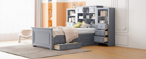 English Elm Twin Pine Wood Platform Bed with Integrated Cabinet and Spacious Drawer Storage System Gray LP000761AAE-1