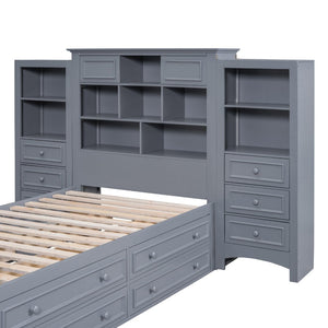 English Elm Twin Pine Wood Platform Bed with Integrated Cabinet and Spacious Drawer Storage System Gray LP000761AAE-1