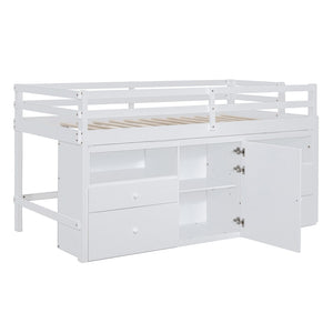 English Elm Twin Loft Bed with 4 Drawers Open Shelving and Cabinet for Kids Bedroom Storage White LT000762AAK