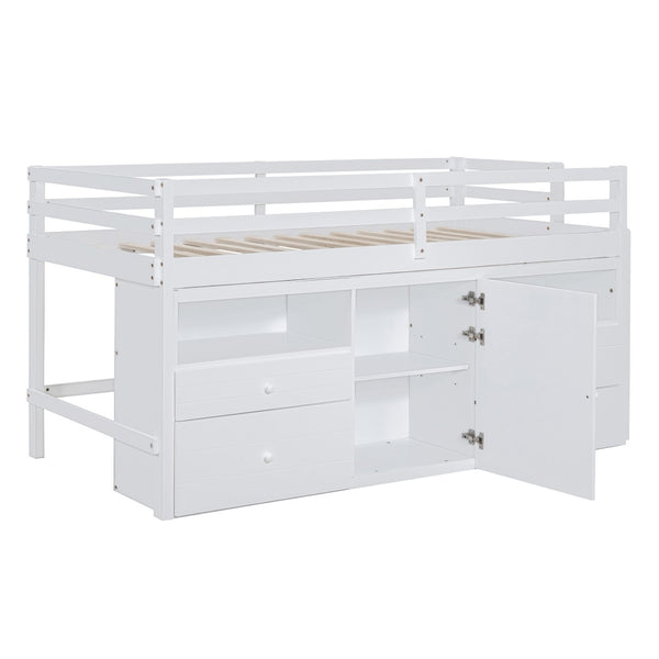 English Elm Twin Loft Bed with 4 Drawers Open Shelving and Cabinet for Kids Bedroom Storage White LT000762AAK