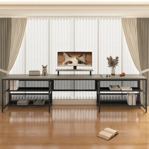 English Elm U U-Shaped Desk with LED Lights, Power Outlets & Monitor Stand, Sturdy Metal Frame, Spacious Workstation W578P149135