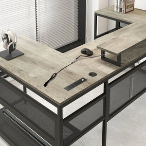 English Elm U U-Shaped Desk with LED Lights, Power Outlets & Monitor Stand, Sturdy Metal Frame, Spacious Workstation W578P149135