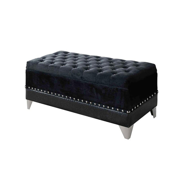 English Elm Black Tufted Trunk Velvet Storage Bench with Nailhead Trim, Mirrored Legs & Spacious Interior Glam B062P153844