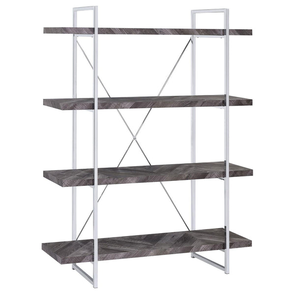 English Elm Rustic Grey Herringbone Bookcase with Industrial Metal Frame, 4 Full-Length Shelves, Stylish Storage B062P153825