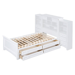 English Elm Twin Platform Bed with Vertical Storage Cabinet and 8 Under Drawer White Wood Frame LP000761AAK-2