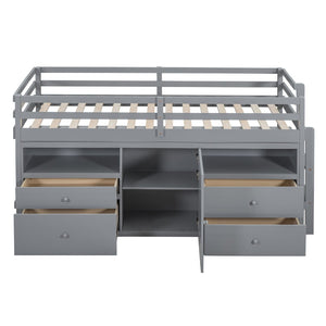 English Elm Twin Loft Bed with 4 Drawers Open Shelving and Cabinet for Kids Bedroom Storage Gray LT000762AAE