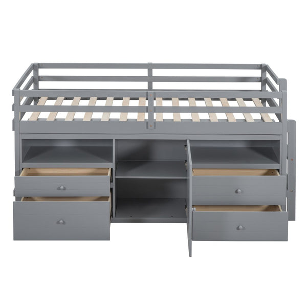 English Elm Twin Loft Bed with 4 Drawers Open Shelving and Cabinet for Kids Bedroom Storage Gray LT000762AAE