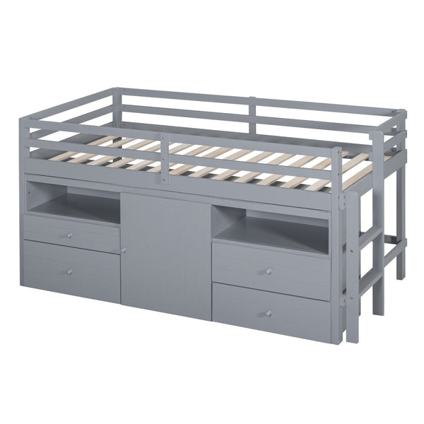 English Elm Twin Loft Bed with 4 Drawers Open Shelving and Cabinet for Kids Bedroom Storage Gray LT000762AAE