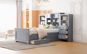 English Elm Twin Pine Wood Platform Bed with Integrated Cabinet and Spacious Drawer Storage System Gray LP000761AAE-1
