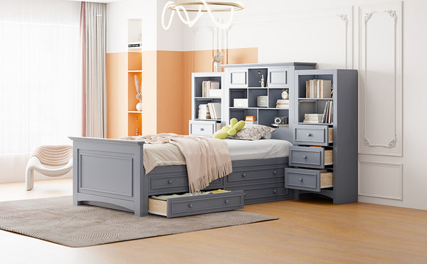 English Elm Twin Pine Wood Platform Bed with Integrated Cabinet and Spacious Drawer Storage System Gray LP000761AAE-1