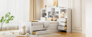 English Elm Twin Platform Bed with Vertical Storage Cabinet and 8 Under Drawer White Wood Frame LP000761AAK-2