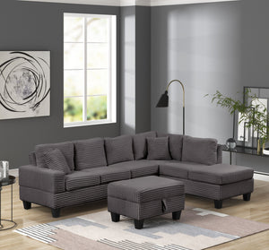 English Elm Modern Corduroy Sectional Sofa with Storage Ottoman, Drop-Down Tray, Plush Pillows, Wood Frame Elegance Gray B009S01290