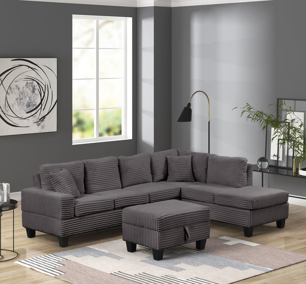 English Elm Modern Corduroy Sectional Sofa with Storage Ottoman, Drop-Down Tray, Plush Pillows, Wood Frame Elegance Gray B009S01290