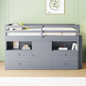 English Elm Twin Loft Bed with 4 Drawers Open Shelving and Cabinet for Kids Bedroom Storage Gray LT000762AAE