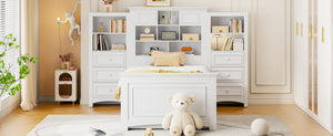 English Elm Twin Platform Bed with Vertical Storage Cabinet and 8 Under Drawer White Wood Frame LP000761AAK-2