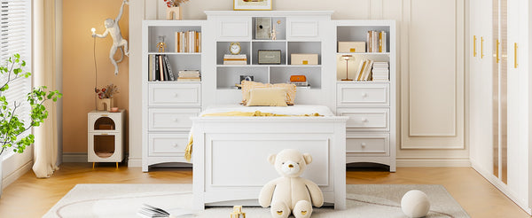 English Elm Twin Platform Bed with Vertical Storage Cabinet and 8 Under Drawer White Wood Frame LP000761AAK-2