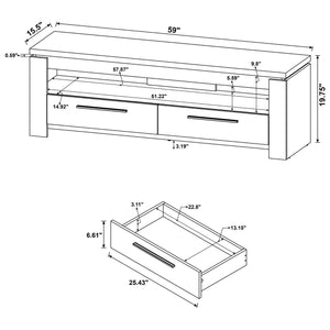 English Elm Weathered rustic 59" TV console with 2 drawers, open shelf & silver handles for organized livingroom storage B062P153850