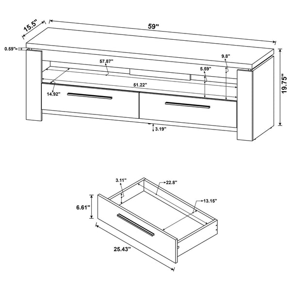 English Elm Weathered rustic 59" TV console with 2 drawers, open shelf & silver handles for organized livingroom storage B062P153850