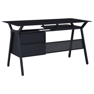 English Elm Black Modern 2-Drawer Computer Desk with Keyboard Tray, Glass Accent, Metal Frame, Spacious 55" Worksurface B062P153857
