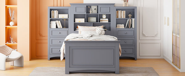 English Elm Twin Pine Wood Platform Bed with Integrated Cabinet and Spacious Drawer Storage System Gray LP000761AAE-1