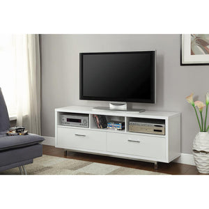 English Elm White Modern 60" TV Console with 2 Drawers & 3 Open Cubby Shelves, Chrome Legs, Sleek Storage Elegance B062P153846