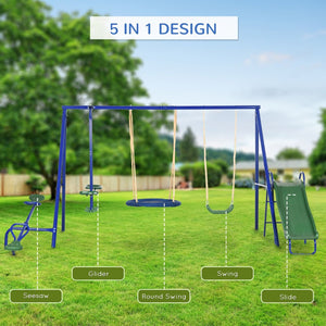 English Elm 616 Lbs Steel A-frame Backyard Playset with Saucer Swing Slide Seesaw and Glider W2225P155612