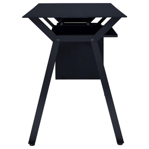 English Elm Black Modern 2-Drawer Computer Desk with Keyboard Tray, Glass Accent, Metal Frame, Spacious 55" Worksurface B062P153857