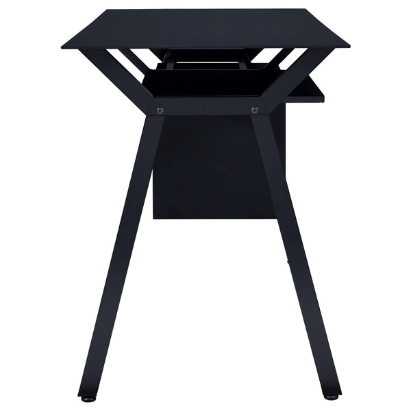 English Elm Black Modern 2-Drawer Computer Desk with Keyboard Tray, Glass Accent, Metal Frame, Spacious 55" Worksurface B062P153857