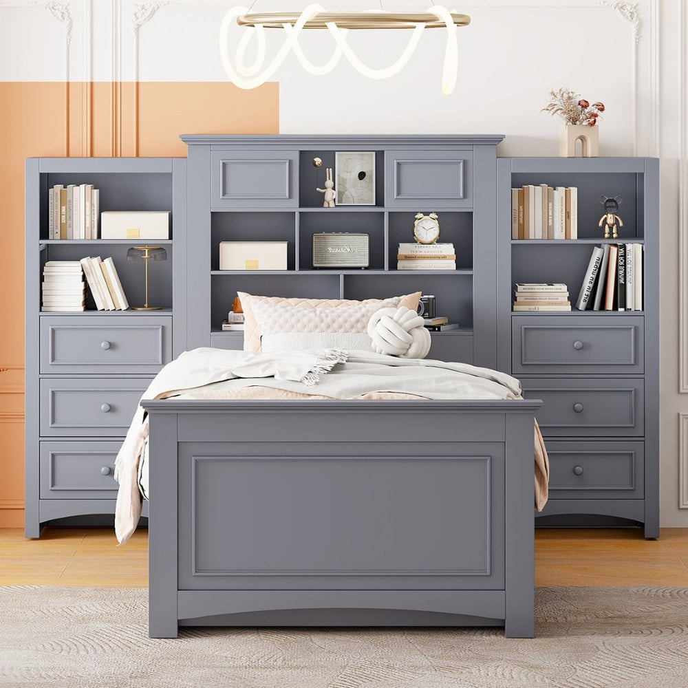 English Elm Twin Pine Wood Platform Bed with Integrated Cabinet and Spacious Drawer Storage System Gray LP000761AAE-1