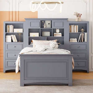 English Elm Twin Pine Wood Platform Bed with Integrated Cabinet and Spacious Drawer Storage System Gray LP000761AAE-1