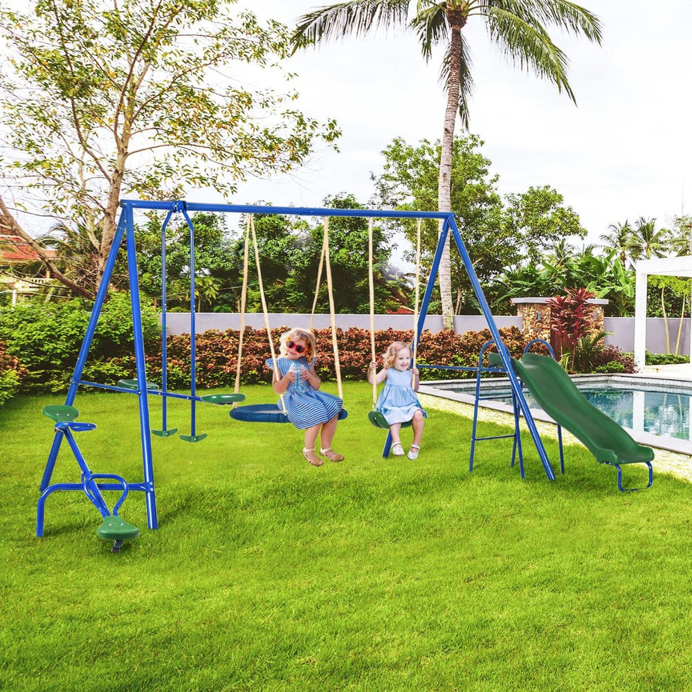 English Elm 616 Lbs Steel A-frame Backyard Playset with Saucer Swing Slide Seesaw and Glider W2225P155612